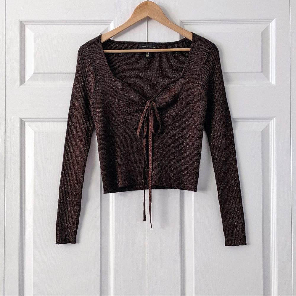 House Of Harlow 1960 Metallic Bronze Halter Tie-Neck Sweater | Size M